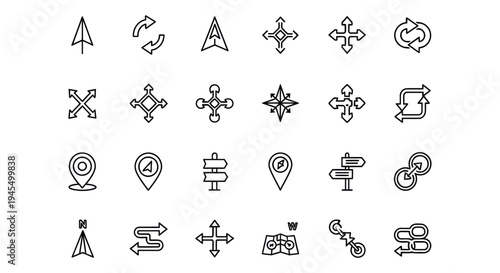 Navigation and directional arrows line icons collection for maps interface and wayfinding signs