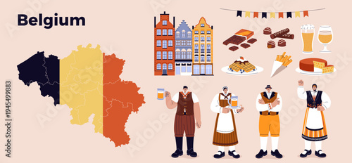 Belgium Culture Elements Set with Map Architecture and Traditional Food