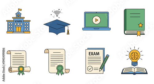 Education and learning flat design icons including school building graduation cap and digital study