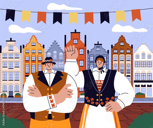 Traditional Belgian Characters with Waffles and Beer in City Square