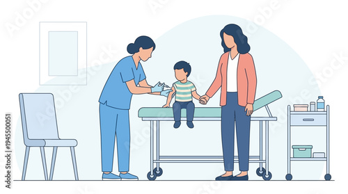 Nurse administering essential vaccination to a young child, promoting public health and immunity in a clinic setting. Pediatric immunization care moment