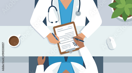 Doctor and patient consultation Overhead view of a physician writing a prescription or medical notes during an appointment