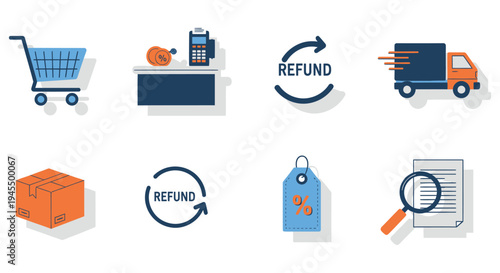 E-commerce and shopping icons with cart delivery refund and payment