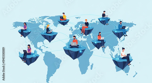 Global interconnectedness people working on laptops on floating islands around the world map illustration