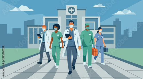 Team of medical professionals walking forward with determination