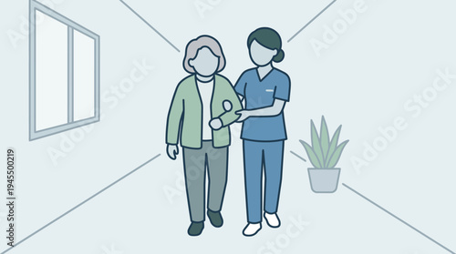 Caring healthcare professional assisting an elderly patient on a rehabilitative walk within a bright hospital corridor illustration