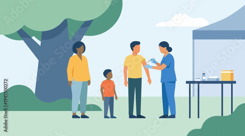 Outdoor Vaccination Clinic Family Receiving COVID-19 Shots in a Park Setting