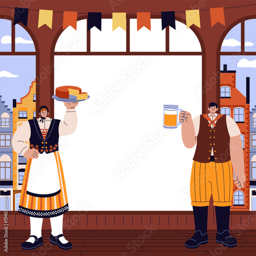 Belgium Food Festival Frame with Traditional Belgian Characters