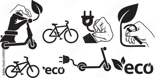 Eco Friendly Transportation and Sustainable Living Concepts Icons Set