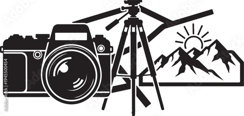 Camera and tripod setup for mountain landscape photography session