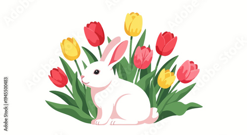 Cute White Rabbit Sitting Among Vibrant Red and Yellow Tulips, Isolated White Background
