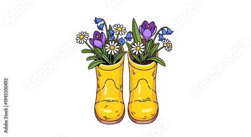 Bright yellow rain boots filled with a beautiful bouquet of bluebells, crocuses, and daisies, symbolizing spring and garden joy, isolated white background.