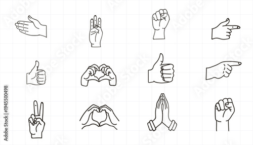Hand Gesture Vector Illustration Set, Different Hand Signs and Gestures Icons for Business, Communication, Social Media, Web and App Design
