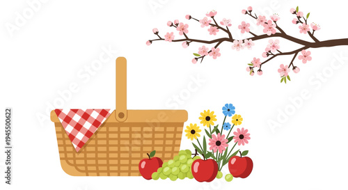 Wicker picnic basket filled with colorful spring flowers and fresh red apples, green grapes, under a cherry blossom branch, isolated white background.