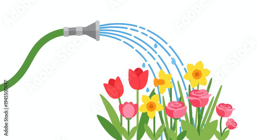Green Garden Hose Watering a Beautiful Group of Spring Flowers Including Red Tulips, Yellow Daffodils, and Pink Roses on Isolated White Background, symbolizing flourishing growth