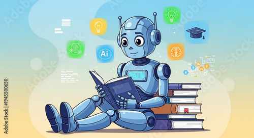 A friendly robot is sitting down and reading a book, surrounded by icons of knowledge and learning, symbolizing artificial intelligence and education