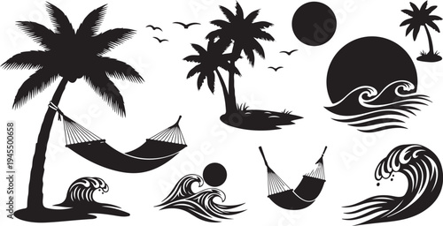 Black and white beach icons with palm trees waves