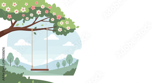 Empty Wooden Swing Hanging from a Blooming Tree in a Tranquil Spring Park Landscape with Rolling Hills and Blue Sky, evoking a dreamy outdoor mood