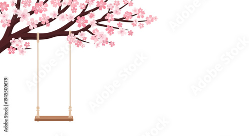 Simple Wooden Swing Hanging from a Blooming Cherry Blossom Tree Branch on Isolated White Background, suggesting a serene spring atmosphere