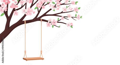 Empty Wooden Swing Hanging from a Beautiful Cherry Blossom Tree Branch on Isolated White Background, evoking a peaceful spring mood