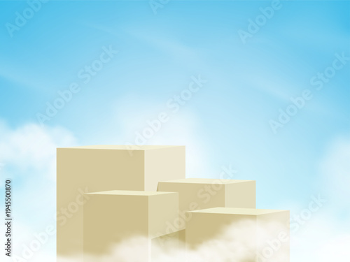 Cosmetic background,Stand podium display,3D Beige cube,Soft clouds on blue sky background.Minimal abstract product stage with light for Skincare, Beauty branding,Luxury banner,Vector illustration