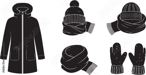 Winter clothing set with coat, hats, and gloves illustration
