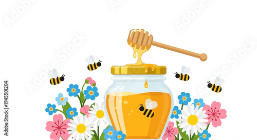 Golden Honey Jar with Dipper Surrounded by Busy Bees and Colorful Spring Flowers, isolated white background.
