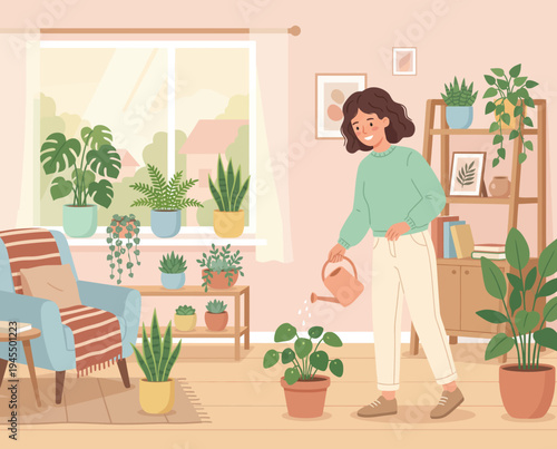 Woman watering plants in a cozy living room with many potted green plants.