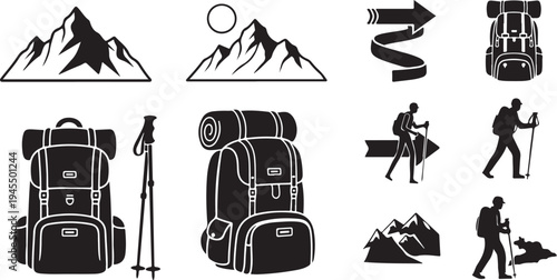 Hiking and camping icons and travel backpacks silhouette set