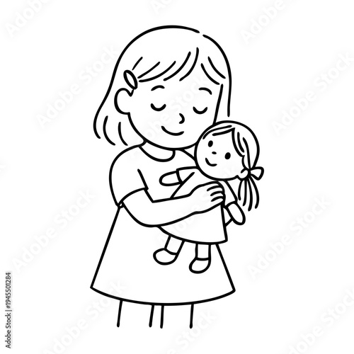 Dibujo sencillo con líneas de una niña feliz, con ropa informal, que se divierte abrazando a una muñeca 
