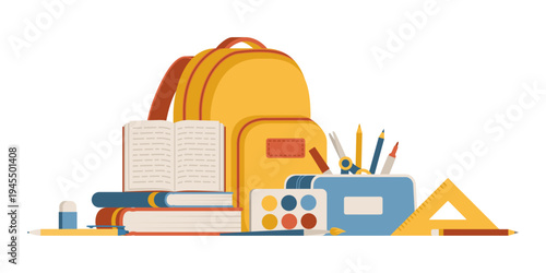 Back to school: school supplies on white background