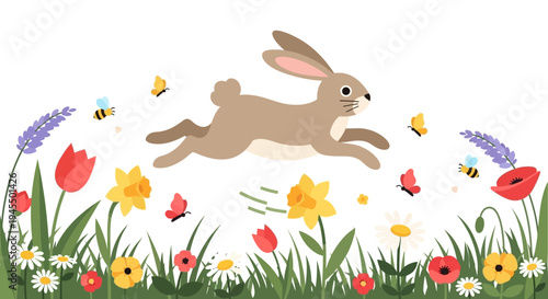 Energetic brown rabbit running amidst a beautiful spring flower field with busy bees and fluttering butterflies, isolated white background.