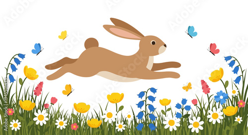 Playful brown rabbit leaping through a cheerful spring meadow with bright flowers and fluttering butterflies, isolated white background.