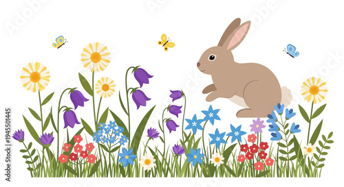 Cute brown rabbit sitting in a vibrant spring meadow with colorful flowers and flying butterflies, isolated white background.