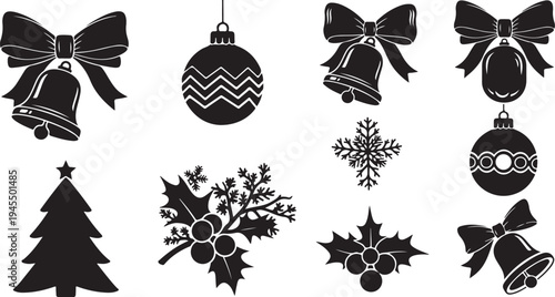 Christmas icons and decorations in black and white style