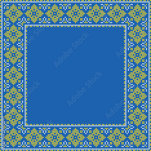 Square frame made of traditional Ukrainian embroidery pattern with yellow and blue cross stitch ornament on white background. Folk ethnic design inspiyellow by vyshyvanka, perfect for borders