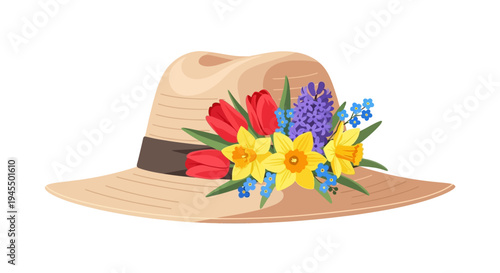Stylish straw hat elegantly decorated with a vibrant bouquet of spring flowers, featuring red tulips and yellow daffodils, on an isolated white background.