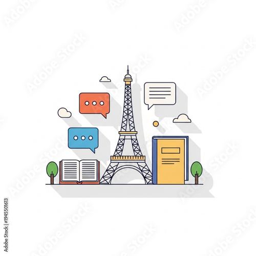 French Language Culture Vector Illustration, Eiffel Tower, Book and Conversation, Minimalist Flat Design