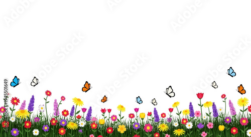 Festive and bright horizontal border of diverse spring and summer flowers, including lavender and daisies, with colorful butterflies fluttering above, on an isolated white background.