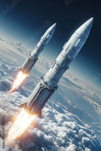 Two military missiles ascend into the sky, leaving trails of smoke behind as they maneuver over Earth and clouds during a combat scenario