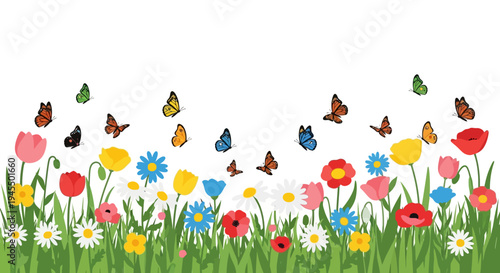 Cheerful and vibrant flower bed on green grass, populated by colorful blooming tulips, daisies, and poppies with fluttering butterflies, on an isolated white background.