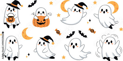 Cute Halloween ghost character set with pumpkin bucket witch hat bats candy moon stars cartoon kawaii spooky vector illustration collection
