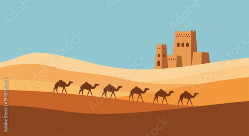 Vector illustration of 7 camels walking in desert with building
