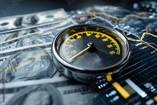 A gas gauge displays levels while union of gas pipes and banknotes highlights rising energy costs against a backdrop of financial data and currency