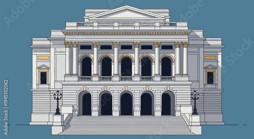 Vector illustration of a white neoclassical building with columns and arches