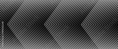 Abstract black and white geometric pattern with diagonal lines forming repeating chevron arrows, creating an optical illusion and strong perspective.