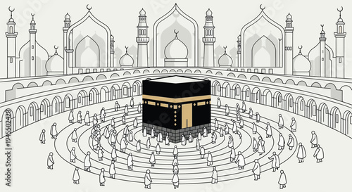 Vector illustration of Kaaba and pilgrims in Mecca