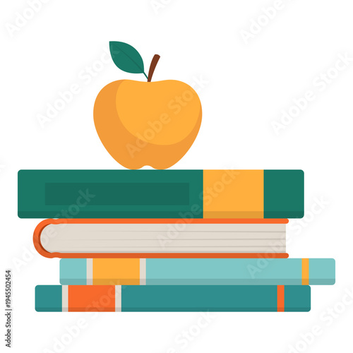 Pile of student's book and apple isolated: back to school