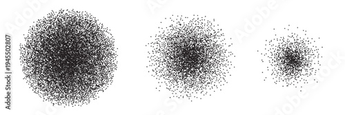 Dot grain texture circles. Stipple circle gradient balls. Black globes with gradation to fade of monochrome grainy dots or noise dust on white. Abstract vector illustrations set.