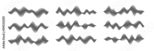 Sound waves. Black music audio voice lines with glowing vertical bars on white. Music waveforms in gradient style for audio visualizer, equalizer, DJ interface. Abstract vector illustrations set.